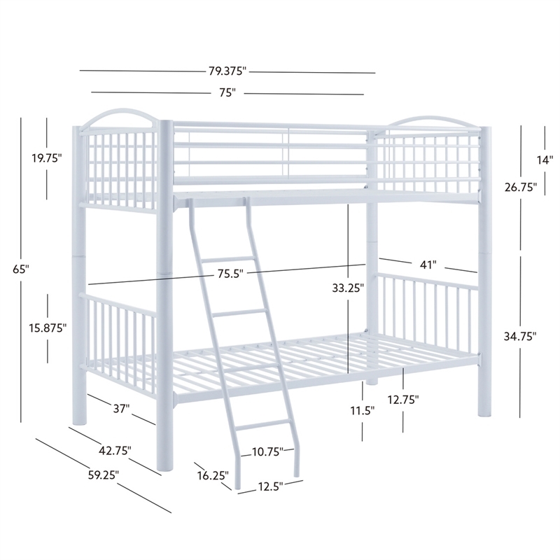 Pemberly Row Modern Metal Twin Over Twin Bunk Bed Attached Ladder in White