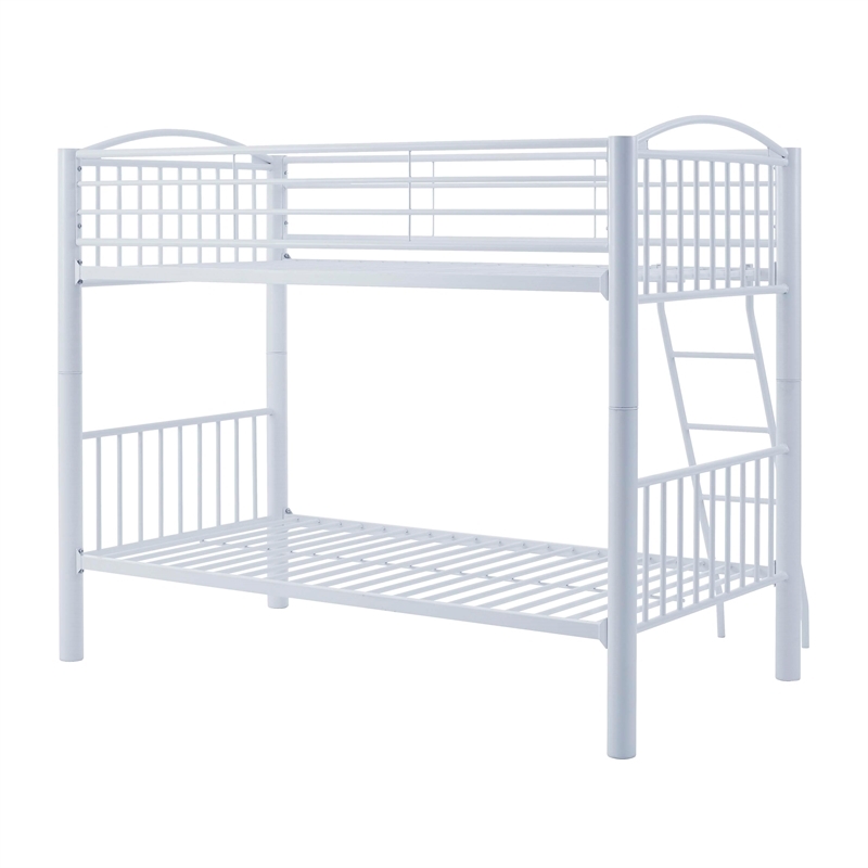 Pemberly Row Modern Metal Twin Over Twin Bunk Bed Attached Ladder in White
