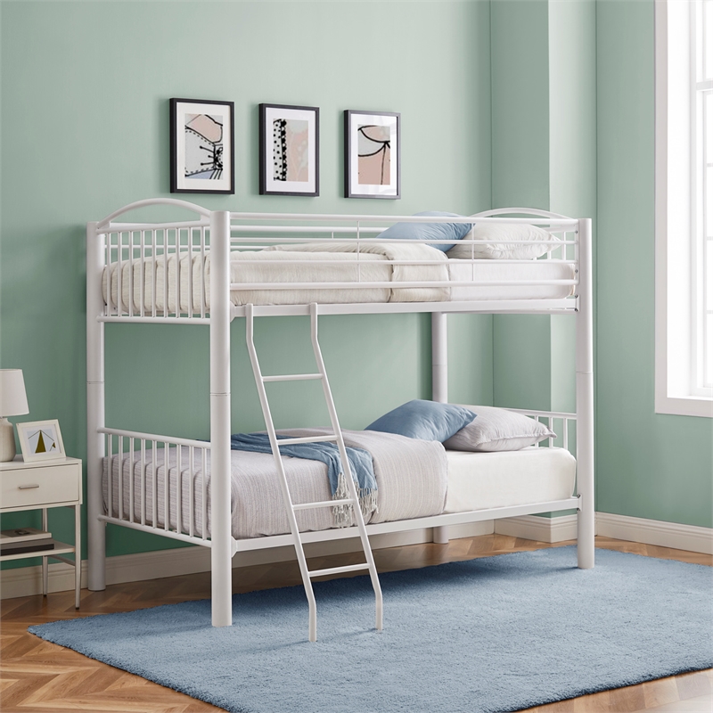 Pemberly Row Modern Metal Twin Over Twin Bunk Bed Attached Ladder in White