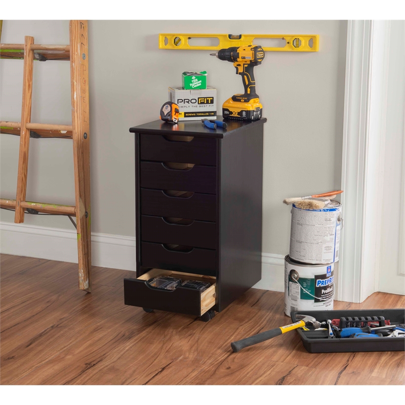 Pemberly Row Mid Century Six Drawer Wood Rolling Storage Cart in Black