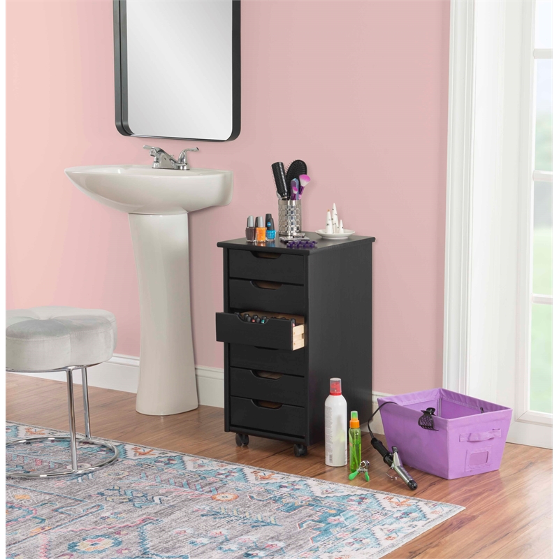 Pemberly Row Mid Century Six Drawer Wood Rolling Storage Cart in Black