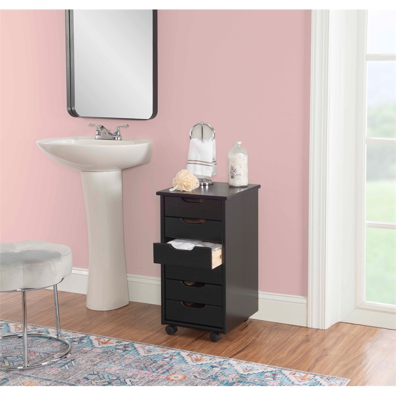 Pemberly Row Mid Century Six Drawer Wood Rolling Storage Cart in Black