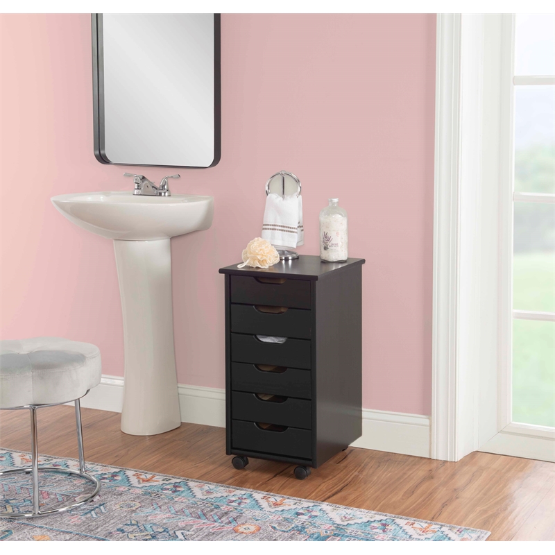 Pemberly Row Mid Century Six Drawer Wood Rolling Storage Cart in Black