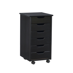 Pemberly Row Mid Century Six Drawer Wood Rolling Storage Cart in Black