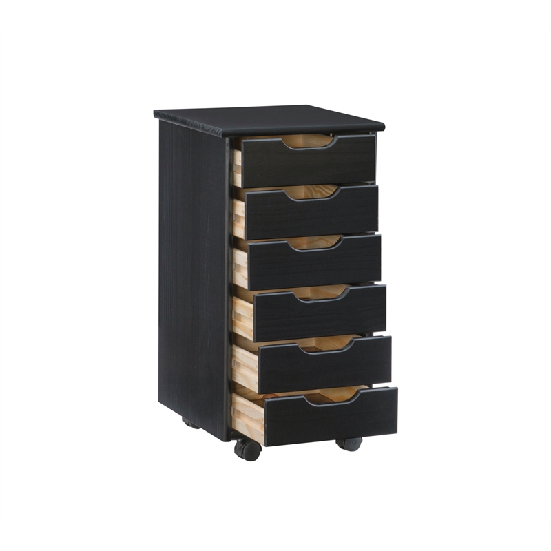 Pemberly Row Mid Century Six Drawer Wood Rolling Storage Cart in Black