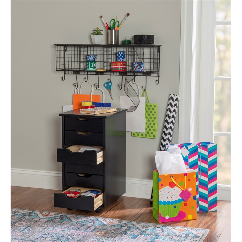 Pemberly Row Mid Century Six Drawer Wood Rolling Storage Cart in Black