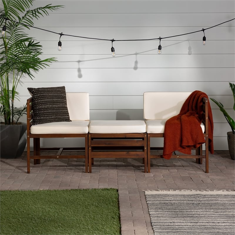 Pemberly Row Solid Wood Modular Outdoor L/R Chairs and Ottoman in Dark Brown