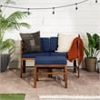 Pemberly Row Modular Acacia Patio Arm Chairs and Ottoman in Dark Brown/Navy Blue