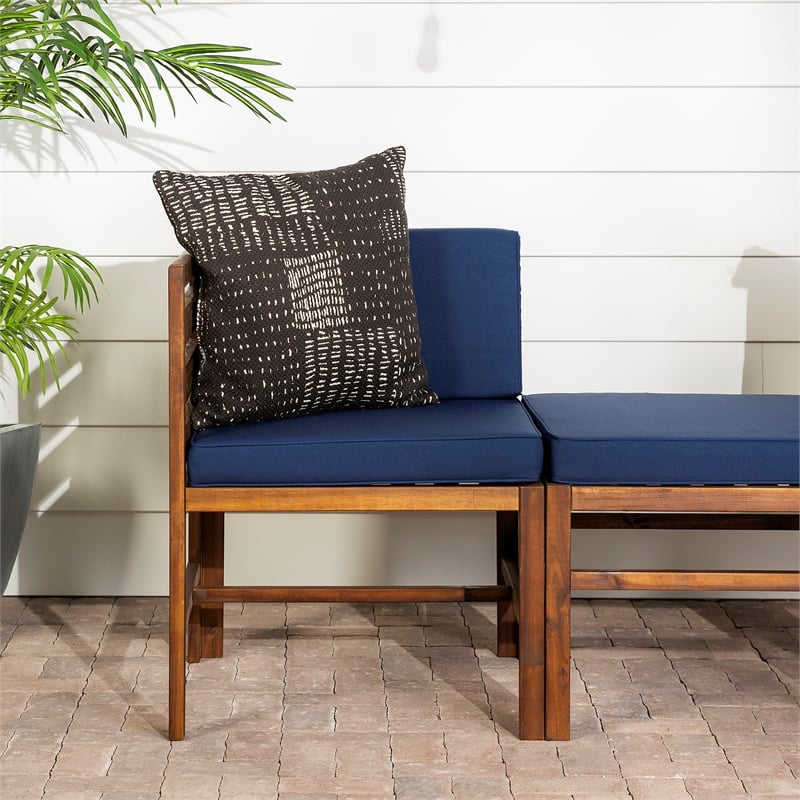 Pemberly Row Modular Acacia Patio Arm Chairs and Ottoman in Dark Brown/Navy Blue