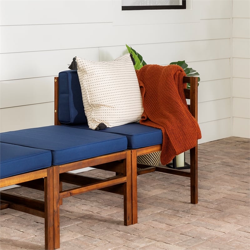 Pemberly Row Modular Acacia Patio Arm Chairs and Ottoman in Dark Brown/Navy Blue