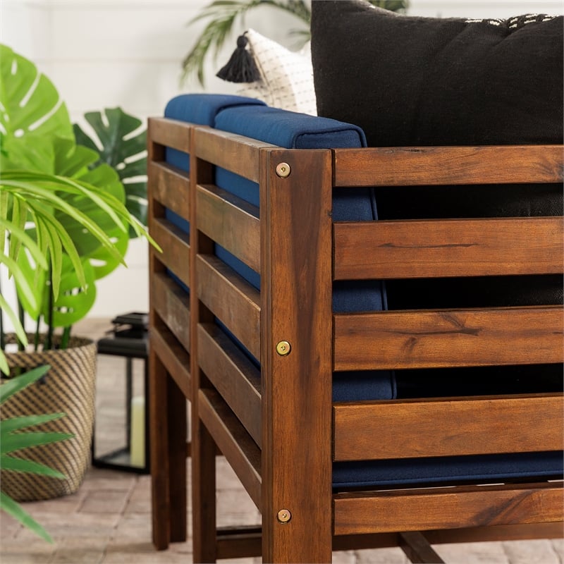Pemberly Row Modular Acacia Patio Arm Chairs and Ottoman in Dark Brown/Navy Blue