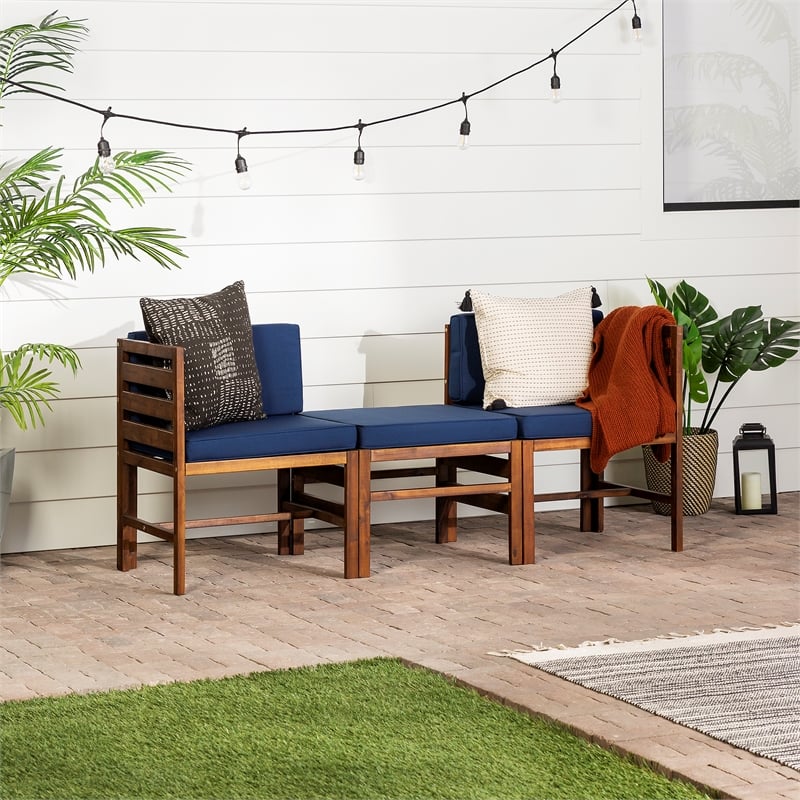 Pemberly Row Modular Acacia Patio Arm Chairs and Ottoman in Dark Brown/Navy Blue