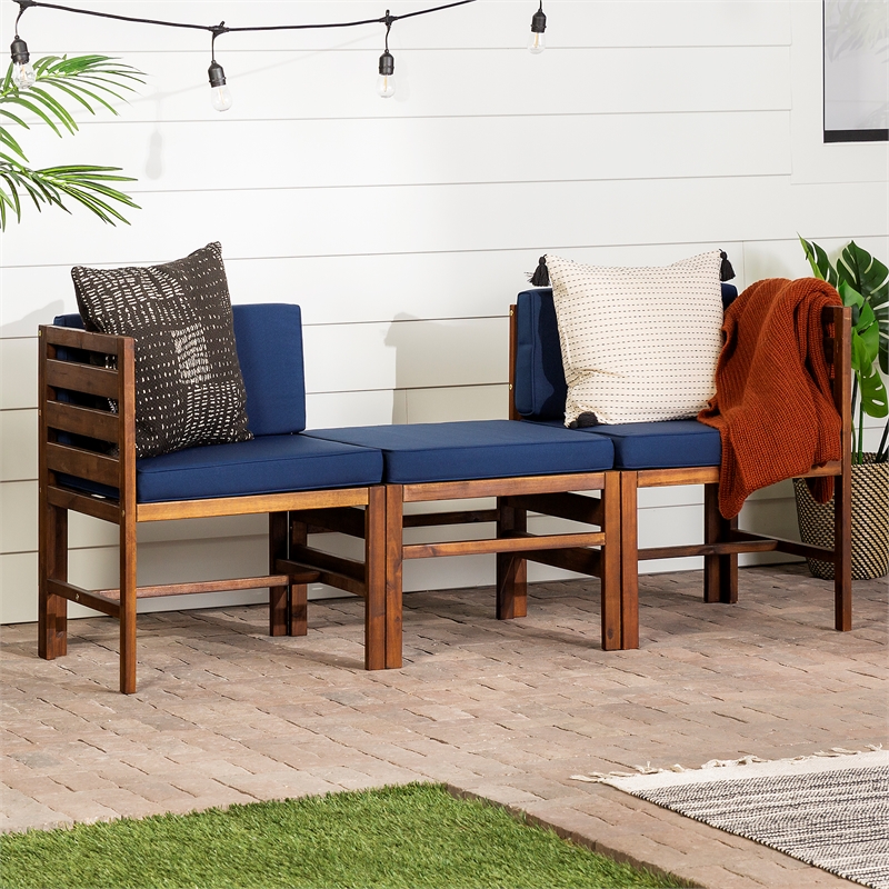 Pemberly Row Modular Acacia Patio Arm Chairs and Ottoman in Dark Brown/Navy Blue