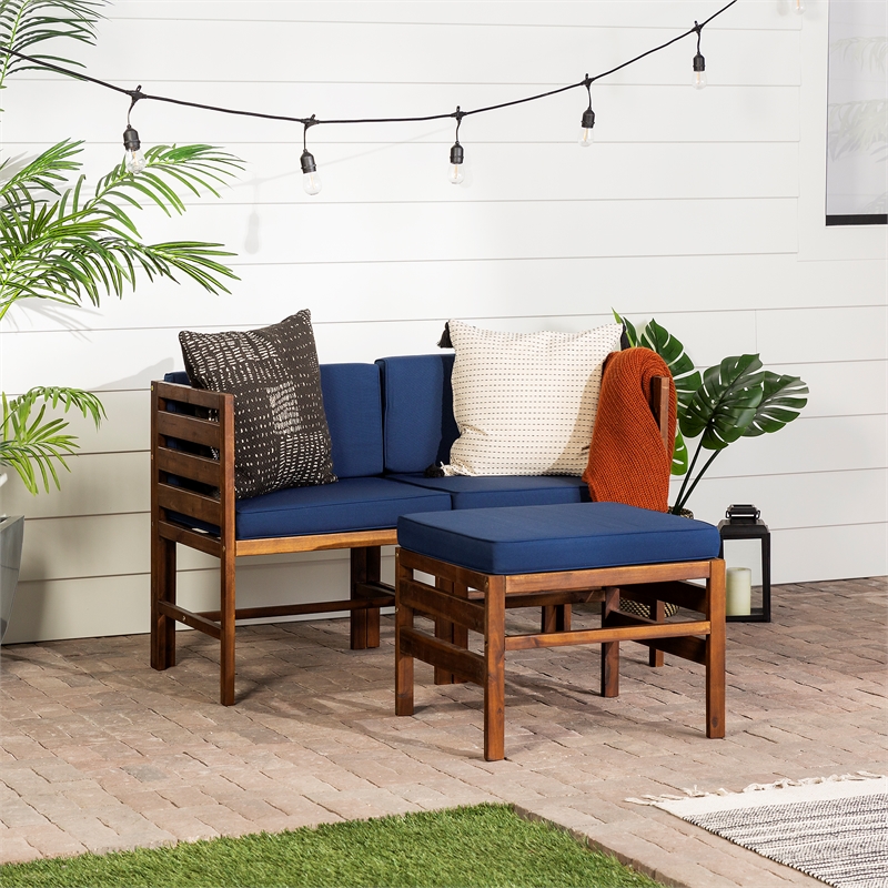 Pemberly Row Modular Acacia Patio Arm Chairs and Ottoman in Dark Brown/Navy Blue