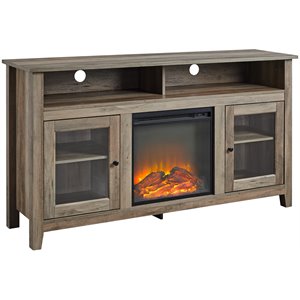 Pemberly Row 58&quot Transitional Fireplace Glass Wood TV Stand in Gray Wash