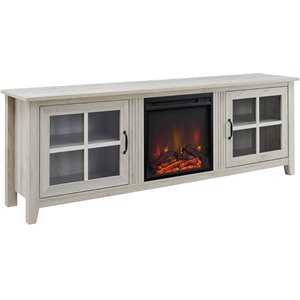 Pemberly Row 70&quot Glass Door TV Console with 18&quot Electric Fireplace Unit in Birch
