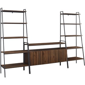 pemberly row 3-piece metal and wood tv console and ladder shelves in dark walnut