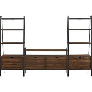 pemberly row metal and wood tv console and storage shelves in dark walnut