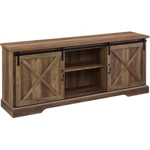Pemberly Row 70&quot Sliding Barn Door TV Console with Shelves in Rustic Oak