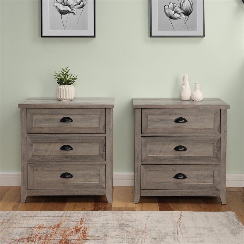 Pemberly Row 3 Drawer Framed Bedroom Nightstand Set in Gray Wash