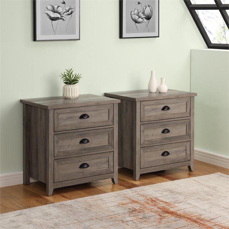 Pemberly Row 3 Drawer Framed Bedroom Nightstand Set in Gray Wash