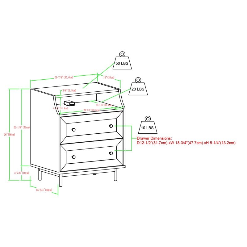 Pemberly Row 2-Drawer Bedroom Nightstand with USB in Dark Walnut (Set of 2)