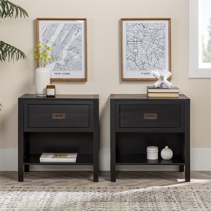 Pemberly Row 2-Piece 1-Drawer Classic Solid Wood Bedroom Nightstand Set in Black
