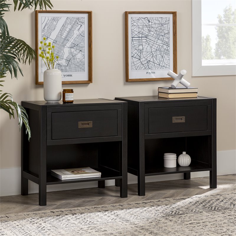 Pemberly Row 2-Piece 1-Drawer Classic Solid Wood Bedroom Nightstand Set in Black
