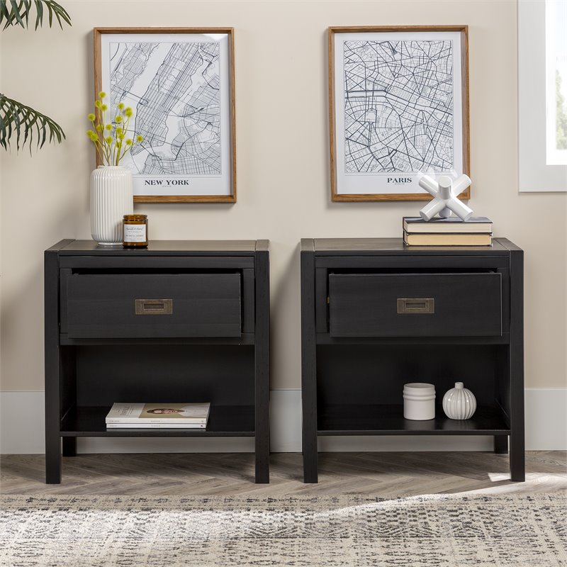 Pemberly Row 2-Piece 1-Drawer Classic Solid Wood Bedroom Nightstand Set in Black