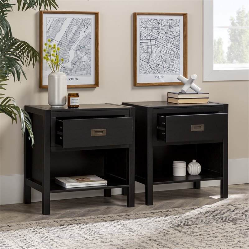 Pemberly Row 2-Piece 1-Drawer Classic Solid Wood Bedroom Nightstand Set in Black