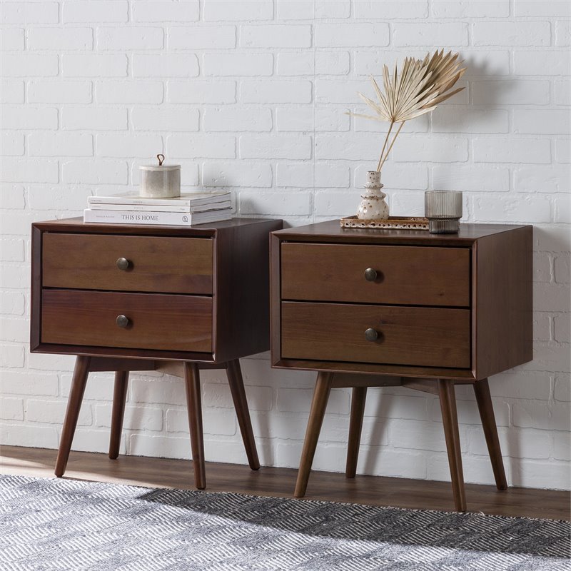 Pemberly Row Mid Century 2-Piece Solid Wood Bedroom Nightstand Set in Walnut