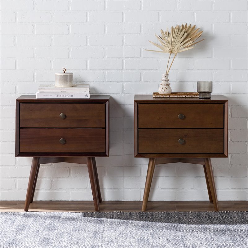 Pemberly Row Mid Century 2-Piece Solid Wood Bedroom Nightstand Set in Walnut