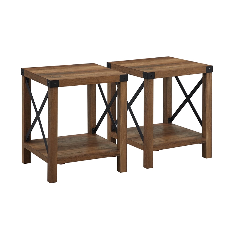 Pemberly Row Farmhouse Metal-X End Tables with Shelf in Rustic Oak (Set of 2)