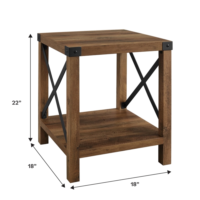 Pemberly Row Farmhouse Metal-X End Tables with Shelf in Rustic Oak (Set of 2)