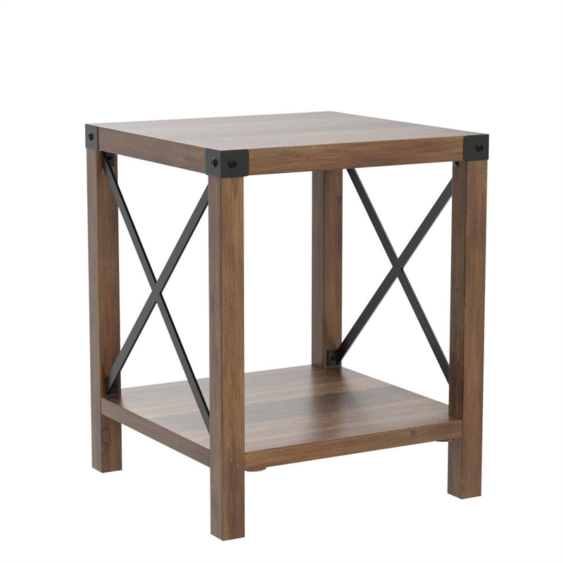 Pemberly Row Farmhouse Metal-X End Tables with Shelf in Rustic Oak (Set of 2)