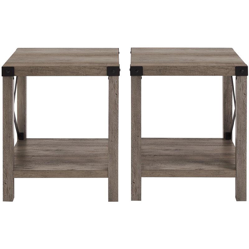 Pemberly Row Farmhouse Metal-X End Tables with Shelf in Gray Wash (Set of 2)