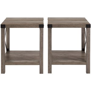 Pemberly Row Farmhouse Metal-X End Tables with Shelf in Gray Wash (Set of 2)