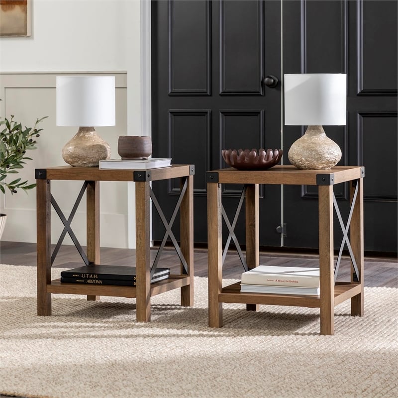 Pemberly Row Transitional Wood Metal-X End Table with Shelf in Oak (Set of 2)