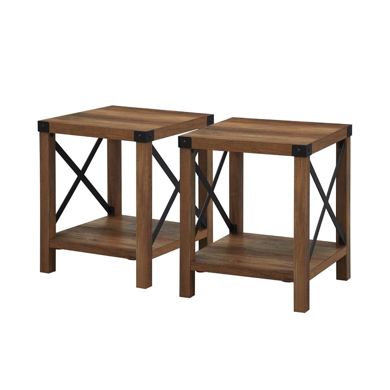 Pemberly Row Transitional Wood Metal-X End Table with Shelf in Oak (Set of 2)