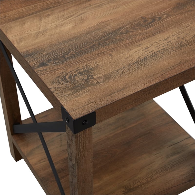 Pemberly Row Transitional Wood Metal-X End Table with Shelf in Oak (Set of 2)