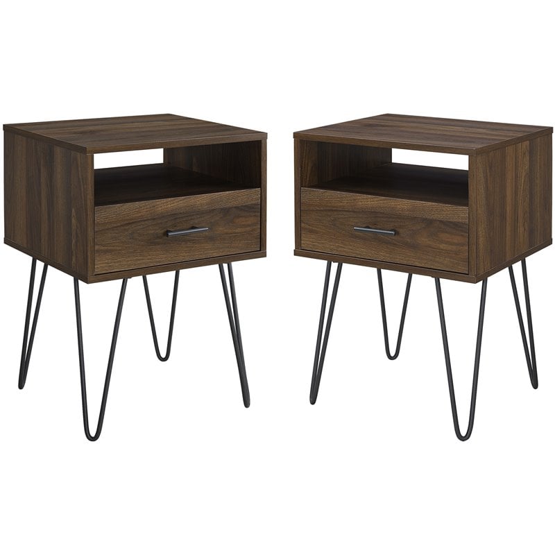Pemberly Row Modern Metal Hairpin Leg 1-Drawer End Table Set in Dark Walnut