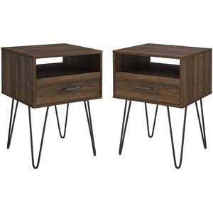Pemberly Row Modern Metal Hairpin Leg 1-Drawer End Table Set in Dark Walnut