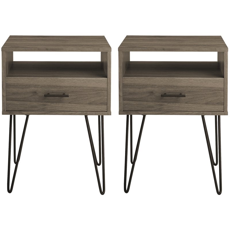 Pemberly Row Modern Metal Hairpin Leg 1-Drawer End Table Set in Slate Gray