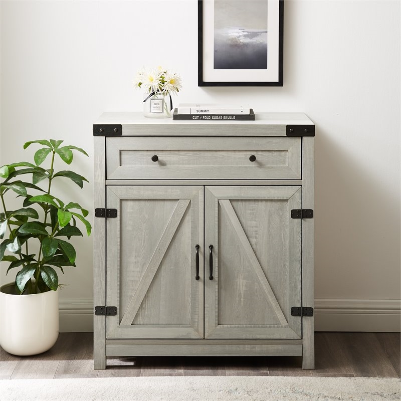 Pemberly Row Farmhouse Engineered Wood Barn Door Accent Cabinet in Stone Gray