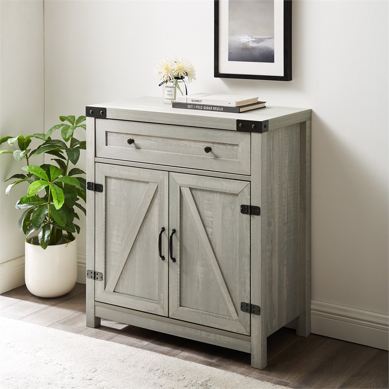 Pemberly Row Farmhouse Engineered Wood Barn Door Accent Cabinet in Stone Gray