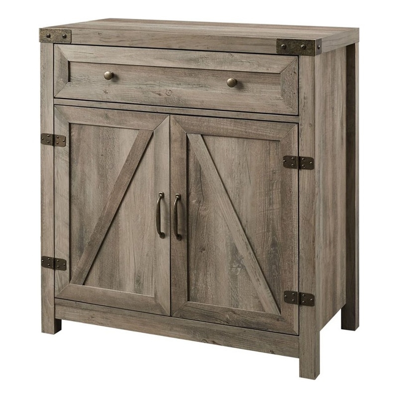 Pemberly Row Farmhouse Engineered Wood Barn Door Accent Cabinet in Gray Wash