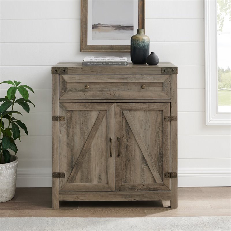 Pemberly Row Farmhouse Engineered Wood Barn Door Accent Cabinet in Gray Wash