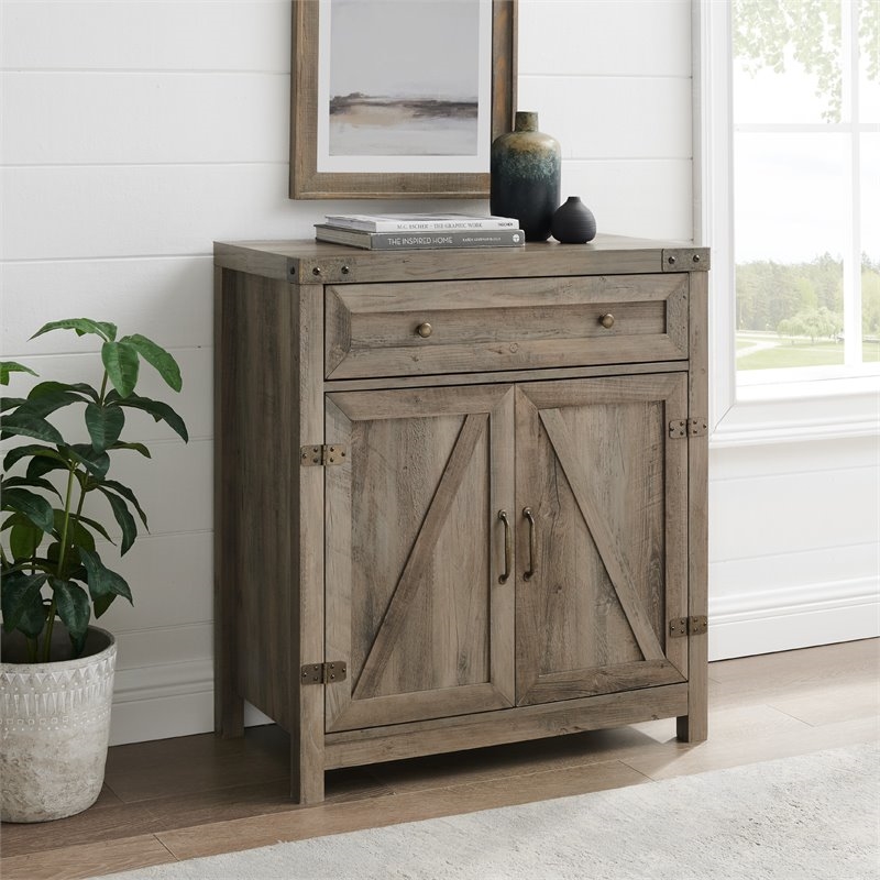 Pemberly Row Farmhouse Engineered Wood Barn Door Accent Cabinet in Gray Wash