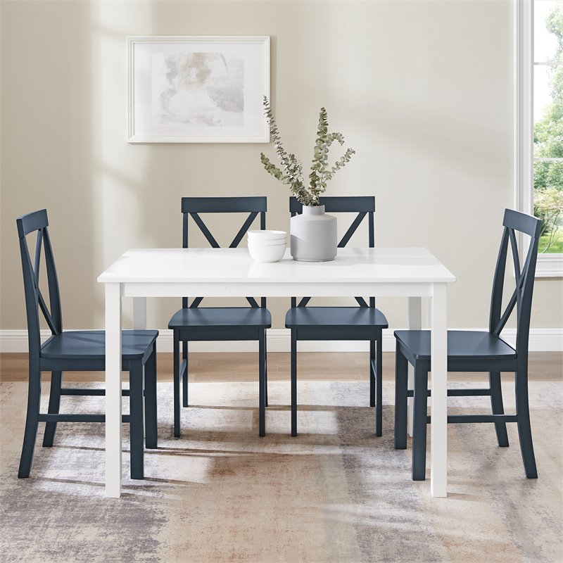 Pemberly Row 5-Piece Solid Wood Farmhouse Dining Set in White and Navy