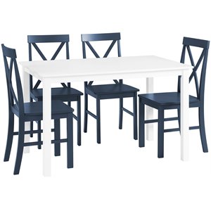 Pemberly Row 5-Piece Solid Wood Farmhouse Dining Set in White and Navy